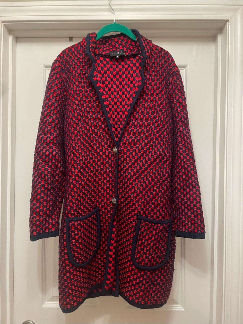 Barneys New York Red and Black Knit Coatigan sweater cardigan 100% wool